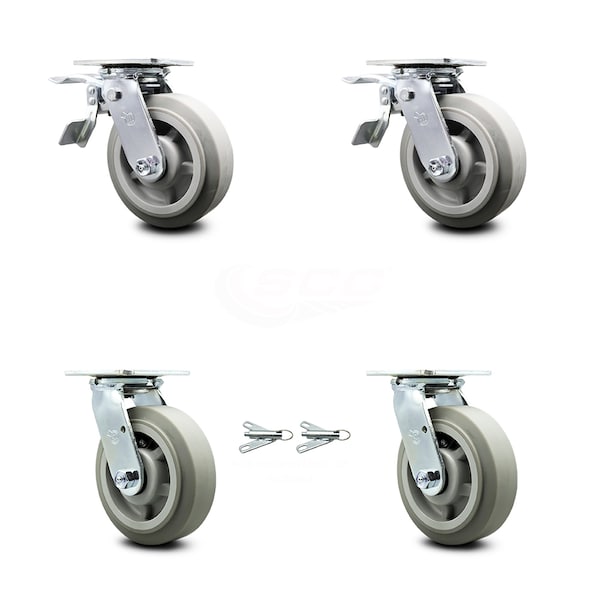 6 Inch Thermoplastic Rubber Caster Set with Ball Bearings 2 Brakes 2 Swivel Lock